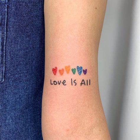 Heart Rainbow Tattoo, Small Colorful Heart Tattoo, Colorful Hearts Tattoo, Heart Tattoo Colorful, Rainbow Hearts Tattoo, Pride Heart Tattoo, Cute Pride Tattoos, Colored Heart Tattoo, Little Rainbow Tattoo