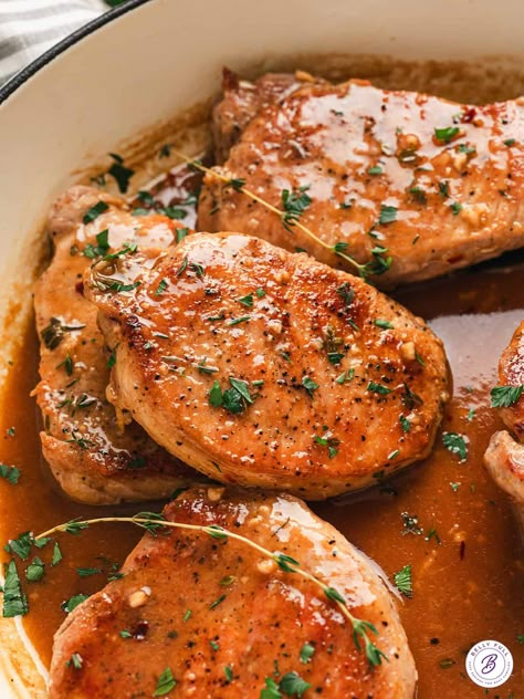 Thick, juicy pork chops are cooked in a glaze made with apple cider and apple cider vinegar in this Pork Chops with Apple Cider Glaze recipe. Pork Chops With Apple Cider, Apple Cider Glaze Recipe, Thick Pork Chop Recipe, Maple Glazed Pork Chops, Cider Pork Chops, Apple Cider Pork Chops, Glazed Pork Chops Recipes, Apple Cider Sauce, Apple Cider Pork