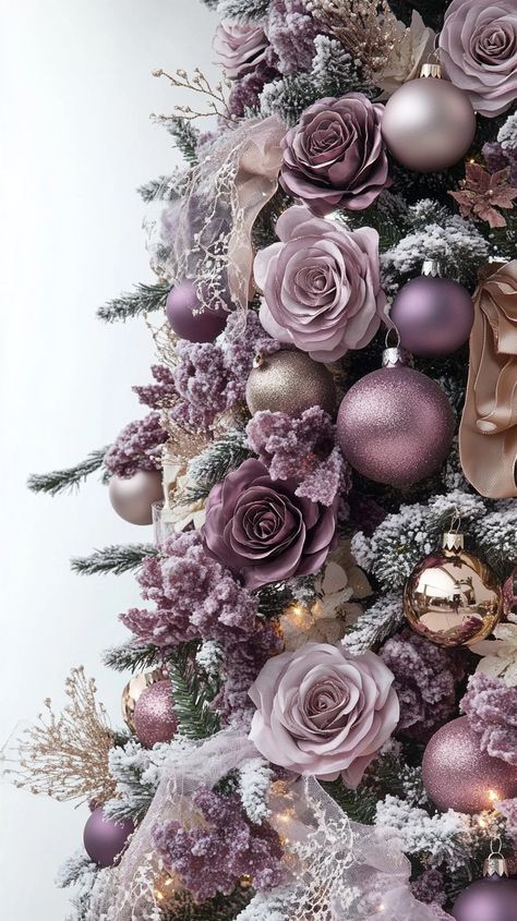 Close-up of an elegant Christmas tree in rose gold and lilac, adorned with metallic roses, glittery ornaments, and lace Flower Decorated Christmas Tree, Pretty Christmas Tree Decorations, Christmas Tree Ideas With Flowers, Valentine's Tree Decorating Ideas, Dragonfly Christmas Tree, Blue And Rose Gold Christmas Tree, Pink Blue Gold Silver Christmas Tree, Valentine's Tree Ideas, Rose Gold And Silver Christmas Tree