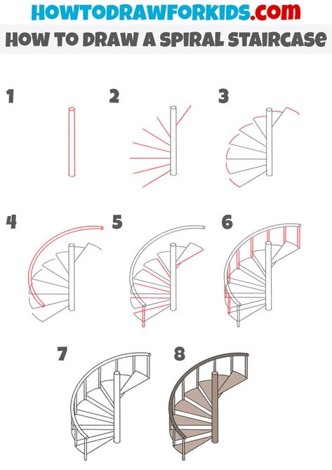 How to Draw a Spiral Staircase - Easy Drawing Tutorial For Kids Spiral Staircase Sketch, How To Draw A Spiral, Architecture Drawing Beginner Step By Step, Draw Buildings, Staircase Drawing, How To Draw Stairs, Drawing Steps, Train Drawing, Inktober 2024