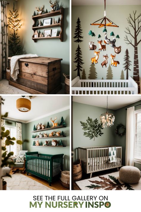 Explore 4 captivating images showcasing creative forest nursery ideas. Delight in whimsical themes featuring charming woodland animal designs, earthy color palettes, and stylish storage for a fun and cozy child’s room. Forest Nursery Ideas, Enchanting Nursery, Forest Nursery Decor, Birch Tree Wallpaper, Forest Animals Theme, Tree Bookcase, Loving Parents, Enchanting Forest, Animal Themes