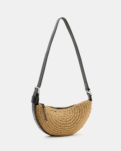 An essential shape - this is the Half Moon Crossbody Bag. Crafted from fabric that uses a crochet design to create the compact crescent silhouette with plenty of space on the inside. It's finished with an adjustable strap that makes it super easy to wear.  Zip closure Adjustable strap Metal hardware Two interior pockets Will fit the largest size iPhone - please check measurements Crochet Half Moon Bag, Moon Bag Crochet, Moon Crochet, Leather Crochet, Crochet Crossbody Bag, Hemp Bag, Moon Bag, Raffia Bag, Crochet Design