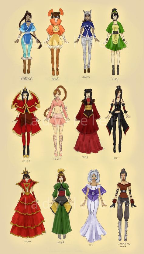 avatar_fashion_by_lady_leliel Korra Avatar Outfit, Avatar Fashion Inspired Outfits, Toph Avatar Costume, Avatar Airbender Clothes, Avatar The Last Airbender Earth Kingdom Outfits, Zuko Earth Kingdom Outfit, Azula Inspired Outfit, Earth Tribe Clothes Avatar, Avatar The Last Air Bender Outfits