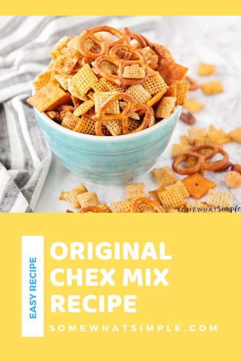 This classic homemade Chex mix recipe is so quick and easy to make, and so addictingly delicious that you won't be able to stop snacking on it!  In a few easy steps this recipe only takes minutes to prepare.   #chexmixrecipe #chexmix #homemadechexmix #easyrecipe #originalchexmix Original Chex Mix Recipe, Original Chex Mix, Homemade Chex Mix Recipe, Chex Mix Original, Cheerios Recipes, Chex Mix Recipes Original, Chex Recipes, Original Chex, Homemade Chex Mix