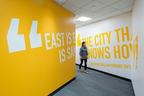 Graphic and visual communication in the office. Environmental graphics. Office Wall Graphics, Office Graphics, Office Mural, Office Wall Design, Environmental Graphic Design, Office Branding, Cool Office, Wayfinding Signage, Environmental Design