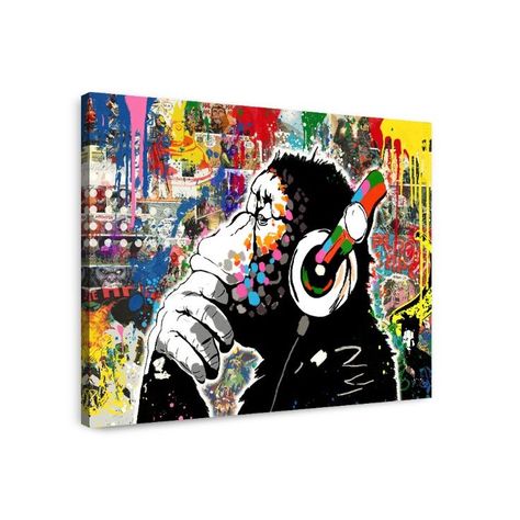 Banksy Wall Art, Banksy Poster, Banksy Chimp, Canvas Print DJ Monkey Gorilla Chimp - Wall Art Street Graffiti Art of Banksy Art Thinking Monkey Headphones Music Thinker Graffiti Banksy Monkey, Banksy Prints, Graffiti Canvas Art, Banksy Wall Art, Graffiti Canvas, Cartoon Artist, Music Canvas, Banksy Canvas Prints, Funny Paintings