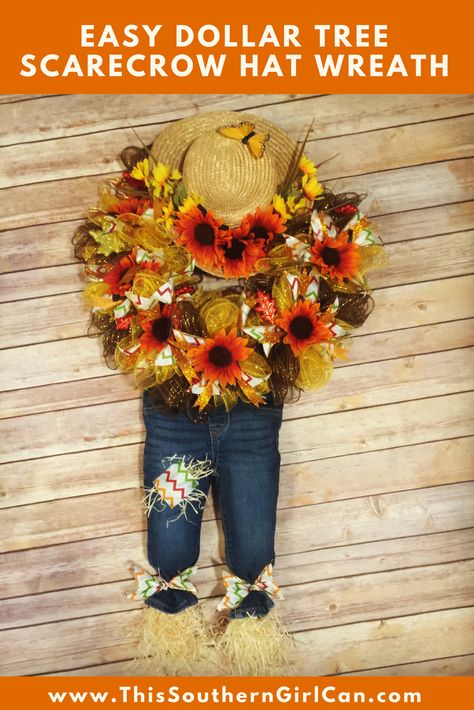 Learn how to make this cute Dollar Tree scarecrow hat wreath with my easy tutorial! Make A Scarecrow Hat, Dollar Tree Scarecrow, Scarecrow Wreath Diy, Scarecrow Hat Wreath, Make A Scarecrow, Scarecrow Hat, Diy Scarecrow, Fall Deco Mesh Wreath, Easy Fall Wreaths