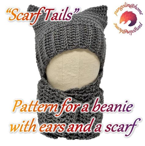 Scarf Tails Beanie US Terms Crochet pattern by PangolinAtHome Crochet Scarf Hat, Beanie Balaclava, Hat With Cat Ears, Balaclava Pattern, Hat With Scarf, Cat Hat Pattern, Beanie With Ears, Anime Hats, Cat Eared Beanie