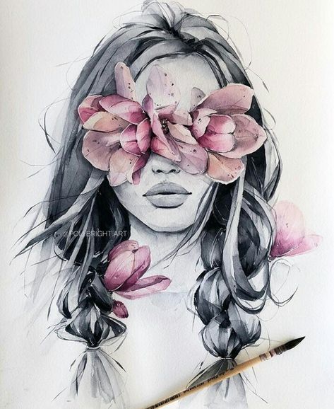 Polina Bright, Woman With Flowers, Art Drawings Sketches Pencil, Female Art Painting, Watercolor Art Lessons, Nature Art Painting, Art Drawings For Kids, Art Inspiration Painting, Painting Art Projects