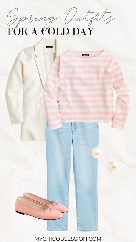 8 Cold Spring Outfits To Wear While You Wait for the Weather To Warm Up - MY CHIC OBSESSION Cold Spring Outfits, Pink Spring Outfits, Cold Spring Outfit, Body Positive Fashion, Pink Striped Shirt, Preppy Spring, Outfits To Wear, Cold Spring, Outfit Formulas