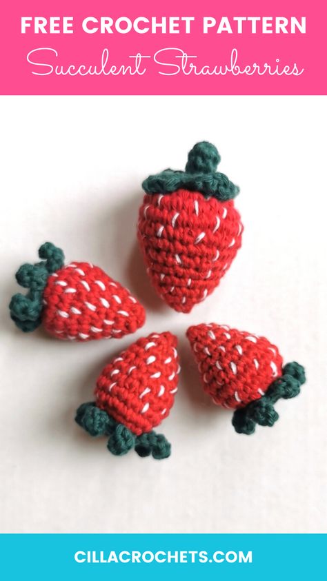 Make these strawberries using the Succulent Strawberries free crochet pattern. Two types of strawberry crochet patterns are included: a large and a small strawberry. Which one do you like best? Free Strawberry Crochet Pattern, Crochet Strawberry Pattern Free, Crocheted Strawberries, Strawberry Crochet Pattern, Amigurumi Strawberry, Crochet Space, Strawberry Crochet, Cutest Crochet, Crochet Strawberry