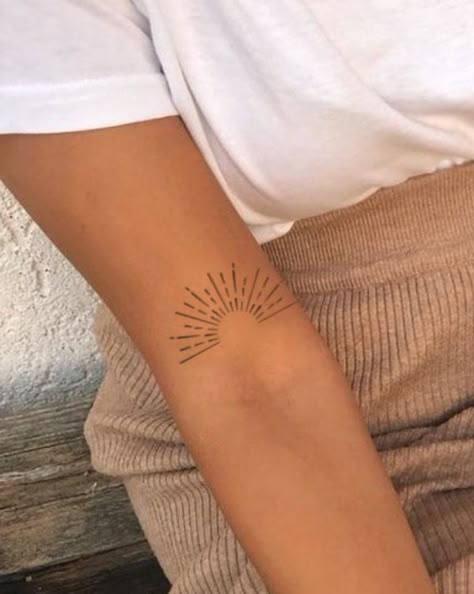 Cute Boho Tattoos, Sunburst Wrist Tattoo, Inner Elbow Sun Tattoo, Sun Tattoo Dainty, Half Sunburst Tattoo, Women Sun Tattoo, Simple Boho Tattoos, Sun Tattoo Leg, Sun Beam Tattoo