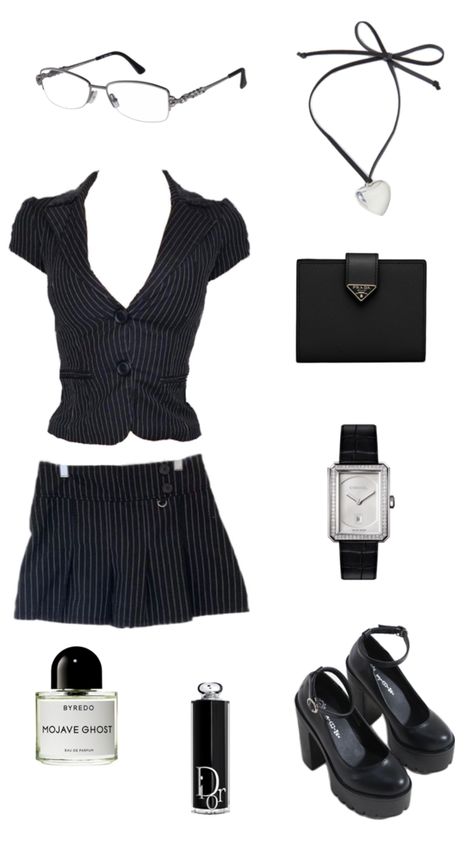 pleaded skirt, v neck button down, prada wallet, Chanel watch, siren glasses, silver jewelry, Byredo Perfume, Platform heels, Dior lipstick Platform Heel Outfit, Siren Jewelry, Byredo Perfume, Heels Dior, Siren Outfit, Outrageous Fashion, Office Jewelry, Pleaded Skirt, Nyc Fits