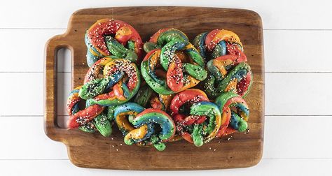 Rainbow pretzels Recipe | Akis Petretzikis Nutrition Chart, Pretzels Recipe, Blue Food Coloring, Yellow Foods, Energy Foods, Processed Sugar, Nuts & Seeds, Blue Food, Green Food Coloring