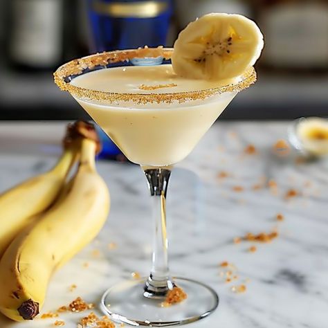 Bananas Foster Martini Bananas Foster Cocktail, Banana Foster Martini, Banana Martini, Banana Fosters, Banana Liqueur, Side Quest, Bananas Foster, Vanilla Vodka, Caramel Syrup