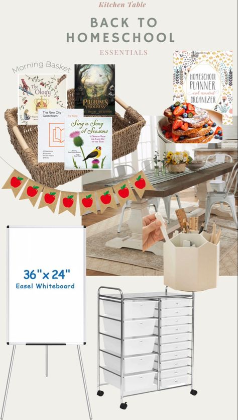 Homeschool essentials: Kitchen Table, Morning Basket, Books, Storage Bin, Dr Erase Homeschool In Kitchen Ideas, Homeschool Kitchen Table, Dining Room Homeschool, Homeschool Kitchen, School Supply Caddy, Theology Books, Seagrass Storage Baskets, Kids Singing, School Supplies Organization