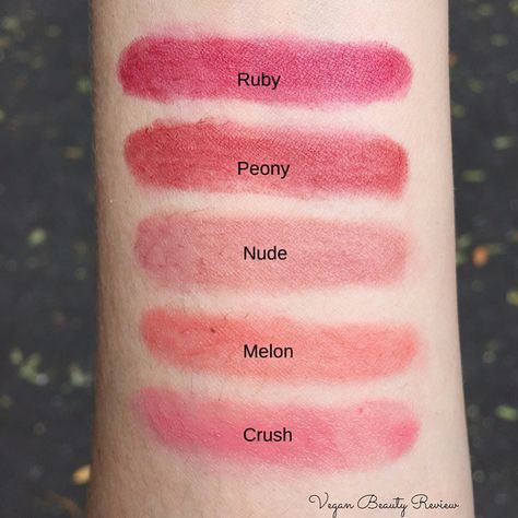 mineral fusion lipstick swatches: ruby, peony, nude, melon, crush Mineral Fusion Makeup, Vegan Lipstick, Healthy Makeup, Mineral Fusion, Pomegranate Oil, Natural Lipstick, Mineral Makeup, Lipstick Swatches, Vegan Makeup