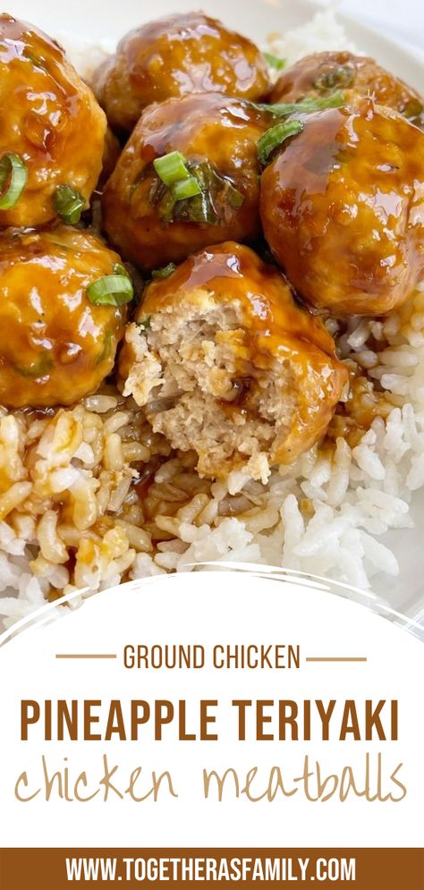 A image of chicken meatballs covered in sauce and sitting on top of rice. Pineapple Teriyaki Chicken Meatballs, Pineapple Teriyaki Chicken, Ground Chicken Recipes Healthy, Teriyaki Chicken Meatballs, Pineapple Teriyaki, Ground Chicken Recipes, Health Dinner, Dinner Recipes For Family, Chicken Meatballs