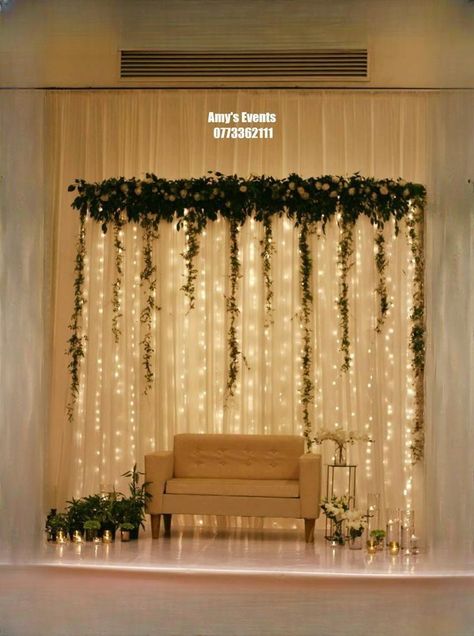 Wedding Stage Backdrop Indian, Indian 25th Anniversary Ideas, Proposal At Home Decoration, Engagement Function Decoration, Wedding Backdrop Design Indoor Elegant, Curtain Lights Backdrop Wedding, Engagement Backdrop Indian Simple, Home Backdrop Ideas, Shaadi Backdrops