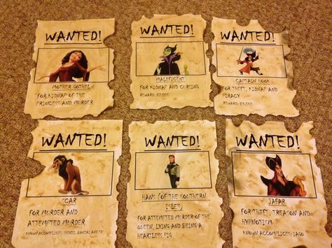 Today I made 'WANTED' posters for Disney villains. It was pretty easy - just created them on my laptop, tea stained and burnt the edges! I had to be a little creative thinking of the captions however! I plan to put them up at my disney themed 21st birthday party.  #disney #party #ideas #fancy #dress #disneyvillains #creating #decorations Disney Wanted Posters, Disney Theme Conference, Birthday Party Dress Up Themes For Adults, Disney Villain Party Decorations Diy, Wanted Disney Villains Poster, Disney Party Ideas Decorations Diy, Disney Themed 21st Birthday Party Ideas, Villian Decorations, Disney Villains Theme Party