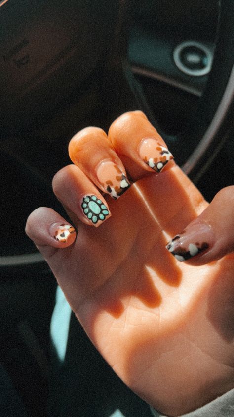 First Day Of Work Nails, Cowprint Nail Design Short, Western Almond Shape Nails, Nails Western Design, Truck Nails, Western Turquoise Nails, Nail Designs Western, Spring Western Nails, Nfr Nails Designs