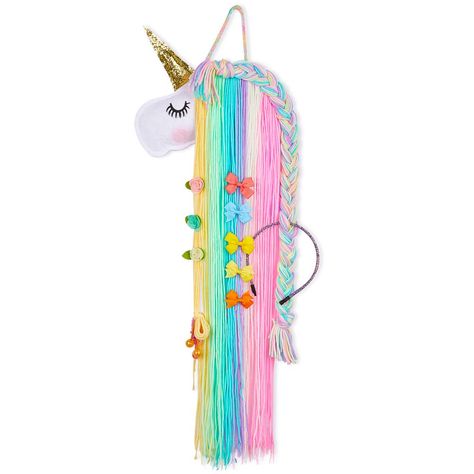 PRICES MAY VARY. 1. Rainbow Unicorn Design: Shiny glitter golden horn with felt Face, black eyelash and pink blusher make the unicorn so shy and cute, rainbow color yarn tassels make the hairbow holder bright and eyecatching. 2. Function: You can store all kinds of alligator clips, snap clips, hair bows and headbands. It is also a beautiful decoration for wall or door or as a wonderful gift to your little princess. 3. Size Details: Total length about 30.7'', yarn tassels about 27.6'', wide about Unicorn Bow Holder, Hair Bow Storage, Hair Clip Storage, Headband Storage, Unicorn Hair Bow, Hair Clip Organizer, Bow Storage, Hair Bow Organizer