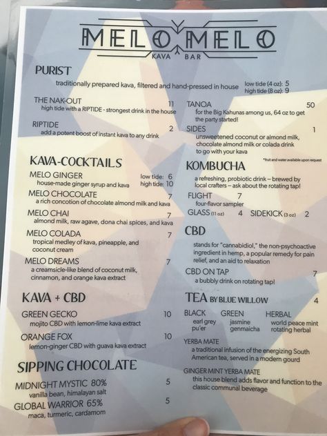 Kava bar in Berkeley menu Kava Bar Ideas, Kava Recipe, Kava Drink Recipes, Kava Lounge, Potion Bar, Kava Tea, Kava Bar, Kava Kava, Beverage Bar