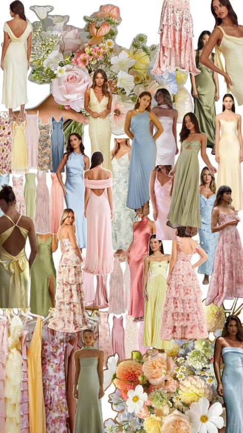 Bridesmaids In Pastel Colors, Bridesmaid Dresses Pastel Colors, Love Shack Fancy Bridesmaid Dresses, Pastel Dress Code Wedding, Floral Wedding Party Bridesmaid Dresses, Summer Wedding Guest Aesthetic, Pastel Wedding Guest Dress Code, Summer Color Bridesmaid Dresses, Spring Wedding Ideas Colors Bridesmaid Dresses