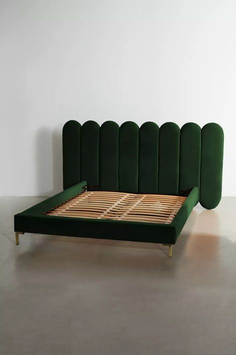 Gia Panel Bed | Urban Outfitters Retro Headboard Ideas, Green Retro Bedroom Ideas, Deep Green Bed, Green Velvet Bed Frame Bedroom Ideas, Art Deco Small Bedroom, 80s Bed Frame, Green Bedroom Headboard, Retro Bed Frame, Green Inspired Bedroom