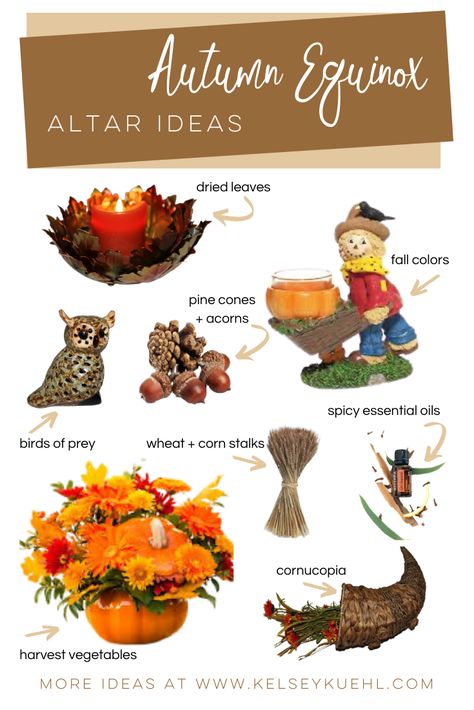 Learn how to create a Mabon altar at home to include a few of these Autumn Equinox sacred space ideas. Your meditation room decor can include:   Trees, wheat, grapes, pine cones, acorns, dried leaves, spicy essential oils (cinnamon, clove), birds of prey, snakes, dogs, wolves, owls, bats, apples, harvest vegetables, and tools of agriculture.  #autumnequinox #seasonalaltars #autumnaesthetic #paganaltar #wiccandecor #wheeloftheyear #equinoxritual #sacredspace #altarideas #altarflowers #mabonritual Autumn Equinox Altar Ideas, Fall Altar Decorations, Mabon Altar Decorations, Autumn Equinox Altar, Mabon Altar Ideas, Sacred Space Ideas, Home Altar Ideas, Mabon Decorations, Altar Ideas Sacred Space