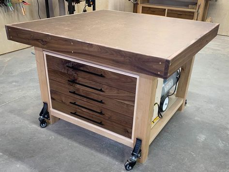 Assembly Table With Storage: 17 Steps (with Pictures) Diy Work Table With Storage, Mobile Workbench Ideas, Workbench With Wheels, Workbench With Wood Storage, Outfeed Table With Storage, Work Bench On Casters, Woodworking Assembly Table, Woodworking Software, Workshop Layout