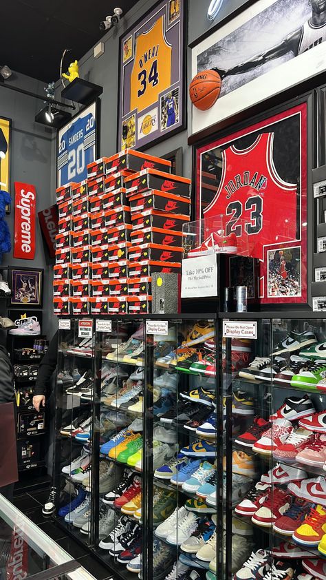 Sneaker Resell Shop for Sneakerheads Jordan Release, Yeezy Release and Supreme Hypebeast Decor Sneaker Head Store, Jordan Shoe Collection Display, Sneaker Store Aesthetic, Sneakers Store Design, Supreme Decor, Sneaker Reselling, Dunks Jordan, Sneakers Wall, Sneaker Aesthetic