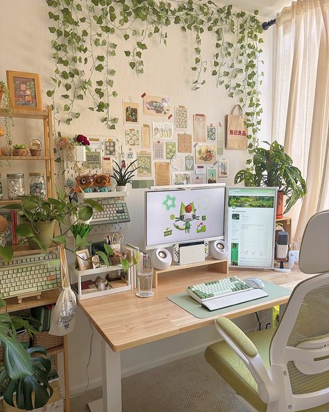 mood lately: feeling silly 💚🪴👒🍃 what is your mood today? comment in emojis 🌿✨ 🏷️🌿 #cozygaming #cozygamer #desksetup #deskdecor #deskgram #pinterest #pinterestinspired #pc #homecafe #roomdecor #roominspo #shoujogirl #greenaesthetic Cottage Core Gaming Setup, Cottagecore Interior, Interior Deisgn, Cozy Office, Cozy Desk, Desk Layout, Dream Bedroom Inspiration, Guest Bedroom Design, Desk Inspiration