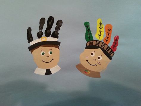 Handprint pilgrim and Indian boys Pilgrim Crafts, Thanksgiving Arts And Crafts, Pilgrims And Indians, Thanksgiving Crafts For Toddlers, Thanksgiving Kindergarten, Thanksgiving Crafts Preschool, Easy Thanksgiving Crafts, November Crafts, Thanksgiving Preschool