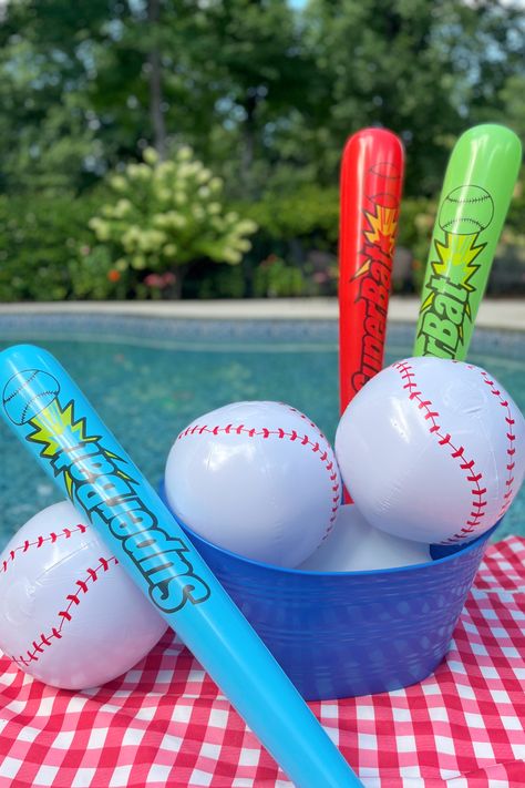 Softball Pool Party Ideas, Sports Theme Pool Party, Teen Boy Pool Party Ideas, Baseball Pool Party Ideas, Baseball Party Ideas For Boys, Baseball Party Decorations Ideas, Baseball Party Games For Kids, Baseball Team Party Ideas, Boys Pool Party Ideas