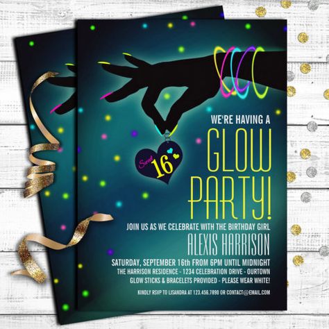 Sweet 16 Glow Party Invitations #zazzle #weddinginvitations #birthdayinvitations #babyshowerinvitations #zazzleinvitations #monogram #businesscards #graduation #homedecor Glow Party Invitations, Sweet 16 Glow Party, Cake Lettering, Glow Bracelets, Neon Birthday, Sweet Sixteen Birthday, Sweet 16 Invitations, Glow Party, Neon Glow