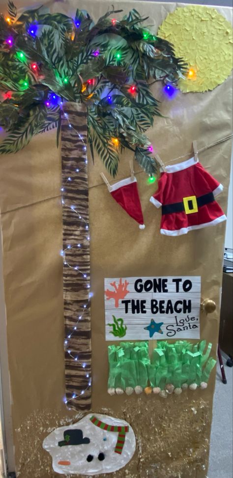 Santa At The Beach Door Decorations, Mele Kalikimaka Christmas Door, Christmas Decorated Doors Contest, Beach Christmas Door Decorating Contest, Unique Christmas Door Decorating Contest, Christmas Door Decoration Contest, Christmas Theme Door, Funny Christmas Door Decorations Contest, Door Decorating Contest Christmas Office