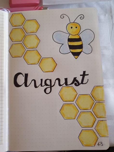 Journal For August, Title Page Drawing Ideas, Honeycomb Border Design, Journal Month Page August, August Title Page Bullet Journal, Easy Title Page Ideas, Cute Title Page Ideas, Drawing For Cover Page, Title Pages Ideas Schools