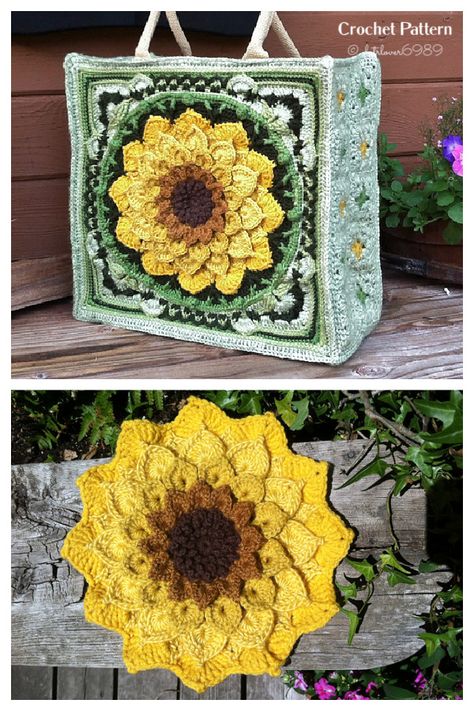 Sunflower Bag Free Crochet Patterns - DIY Magazine Tote Bag Crochet Pattern, Sunflower Bag, Tote Bag Crochet, Garden Tote Bag, Bag Crochet Pattern, Crochet Bag Pattern Free, Crochet Sunflower, Diy Magazine, Crochet Handbags Patterns