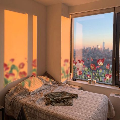 Floral Window Clings, Non Sticky and Static Cling, Flower Window Decals for Modern Bedroom, Urban Office Sun Shining Through Window Aesthetic, Sun Shining Through Window, Brown Room Aesthetic, Painting Moodboard, Apartment Window, Brown Room, Urban Office, Study Stuff, Sun Shadow