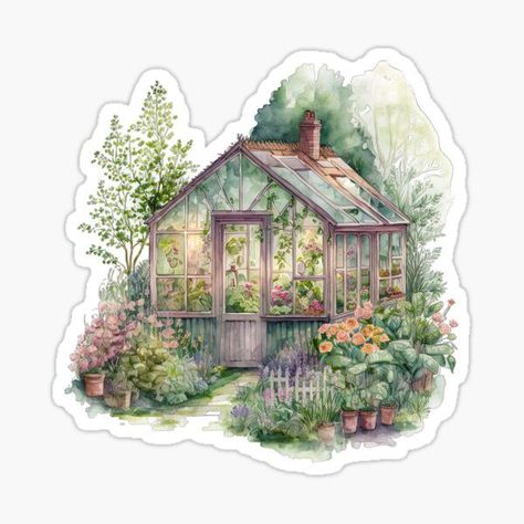 Nature Stickers Printable, Greenhouse Sticker, Cottage Stickers, Cottage Greenhouse, Greenhouse Design, Cactus Stickers, Nature Stickers, Scrapbook Stickers Printable, Rainbow Cat