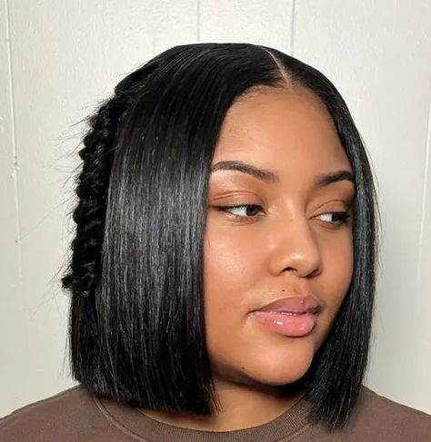 Bob Wig With Fishtail Braid, Middle Part Bob With Fishtail Braid, Bob With Fishtail Braid Black Women, Bob Black Women Middle Part, Bob With Fishtail Braid, Middle Part Bob Sew In, Simple Braid Hairstyles For Black Women, Bob Quick Weave Hairstyles Middle Part, Middle Part Quick Weave Bob