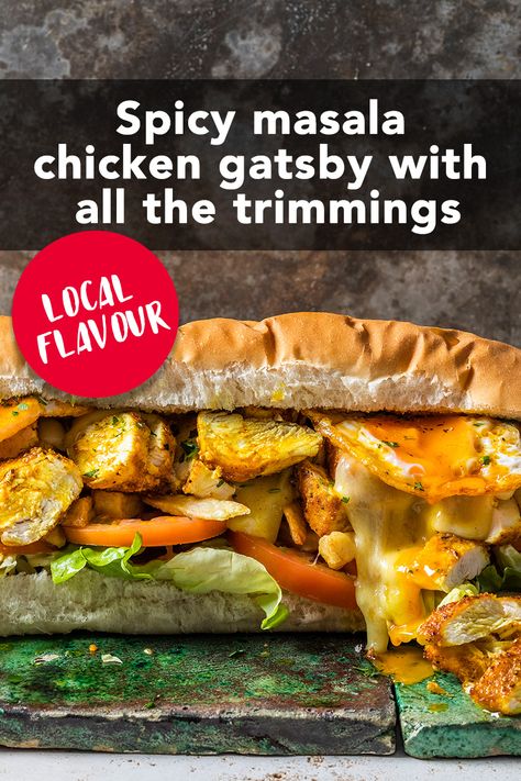 Nothing beats a good ol' gatsby, packed with fillings and drenched in tangy sauce. Gatsby Recipes, Savory Spice, Chicken Masala, African Recipes, Burgers Sandwiches, Batch Cooking, Chicken Curry, African Food, Sandwich Recipes