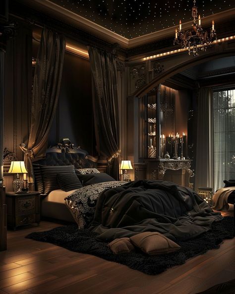 Dark Bedroom Ideas Cozy, Bedroom Ideas Cozy Romantic, Dark Romantic Bedroom, Dreamy Interior, Moody Bedroom Ideas, Dark Interior Design, Cozy Romantic, Luxury Bedrooms, Bedroom Dark