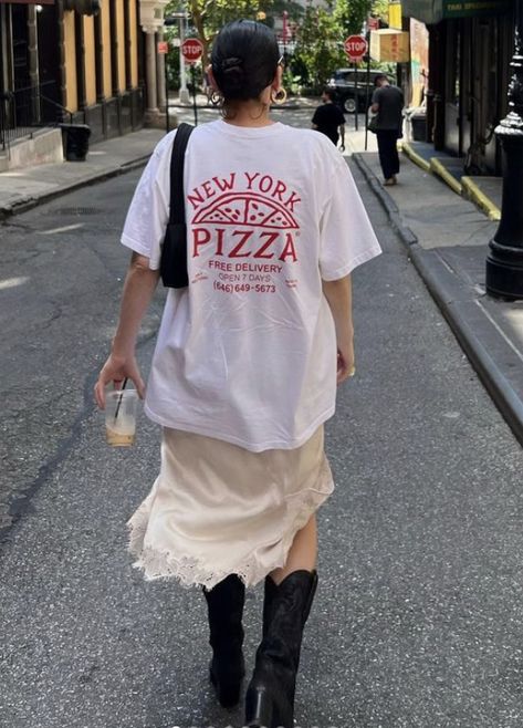 Vintage Tee Street Style, T Shirt As Dress Outfit, Slip Skirt Tshirt Outfit, White T Shirt Skirt Outfit, Oversized Shirt And Cowboy Boots, Long Slip Dress Outfit Casual, Oversized Tshirt Street Style, Graphic Tee Long Skirt, Oversized Shirt Summer Outfit