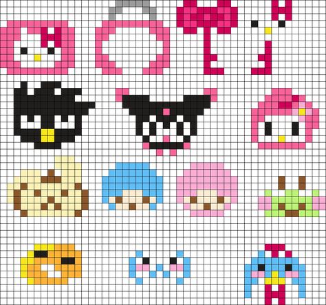 Sanrio Locket And Charms Perler Bead Pattern | Bead Sprites | Characters Fuse Bead Patterns Friends Pixel Art, Easy Perler Bead Patterns, Easy Perler Beads Ideas, Fuse Bead Patterns, Hello Kitty Friends, Easy Pixel Art, Hama Beads Design, Perler Bead Templates, Diy Perler Bead Crafts