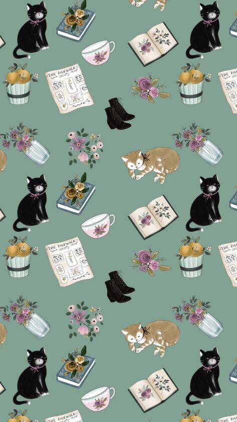 Cute Cat Iphone Wallpaper, Cat Book Wallpaper, Books And Cats Wallpaper, Cat Pattern Wallpaper, Books Wallpaper, Cats And Books, Cats Books, Cat Phone Wallpaper, Kitten Drawing