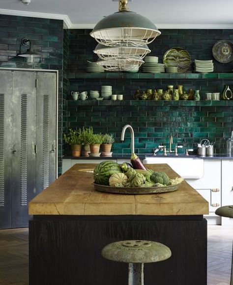 Eye For Design: How To Create A Trendy Dark Green Kitchen Dark Green Tile, Green Tile Backsplash, Dark Green Kitchen, Green Tiles, Industrial Kitchen Design, Green Kitchen Cabinets, Interior Design Magazine, Kitchen Tile, Industrial Kitchen