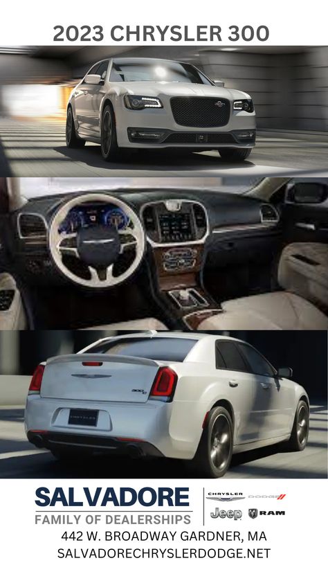 The 2023 Chrysler 300 is a luxury full sized sedan that offers and exiting exertior and inviting interior. This luxury sedan can fit the whole family or you can enjoy those exciting rides solo. Find your new Chrysler 300 at Salvadore Chrysler Dodge Jeep Ram, just off Route 2 in Gardner. Chrysler Dodge Jeep, Luxury Sedan, Auto Service, Chrysler 300, Car Dealership, Dodge, Jeep