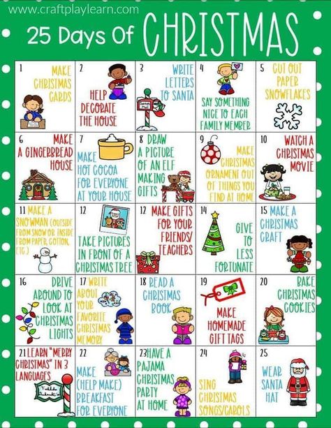 Christmas activities for kids can be super fun and these activity ideas and suggestions come as a free printable calendar which the little ones will love. If you are looking for fun Christmas activities to do at home with your child, be sure to do some of these off of your free printable Christmas calendar. Kids Advent Calendar Activities, Christmas Count Down For Kids, Christmas Activities Calendar, Christmas 25 Days Ideas, 24 Days Of Christmas Activities, 25 Days Of Christmas Ideas For Kids, 25 Days Of Christmas Crafts, Countdown To Christmas Activities, Christmas Calendar For Kids